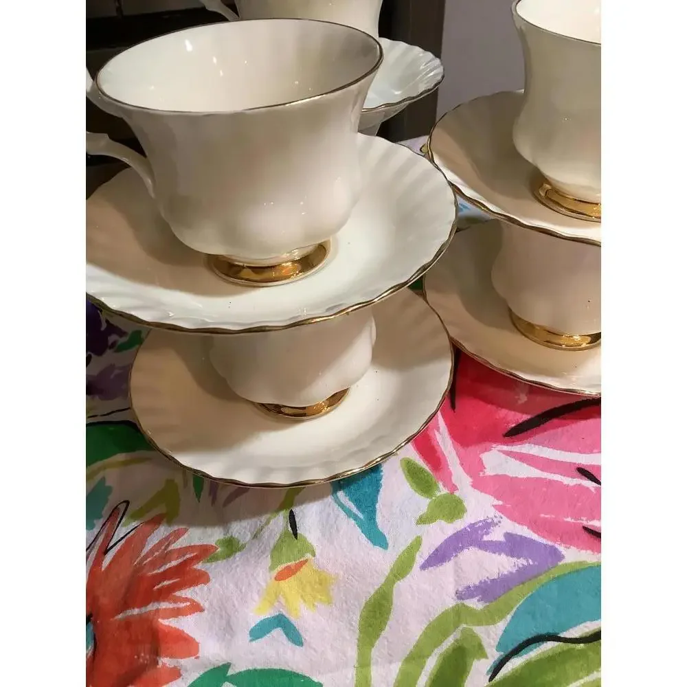Royal Albert White and Gold Affinity Bone China Teacup Set - Scalloped Edge